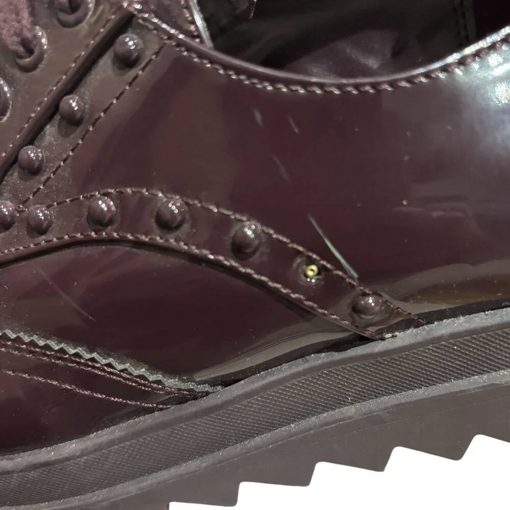 NWT Zara Platform Patent Faux Leather Derby Oxfords 38 7.5 Studs Burgundy Chunky